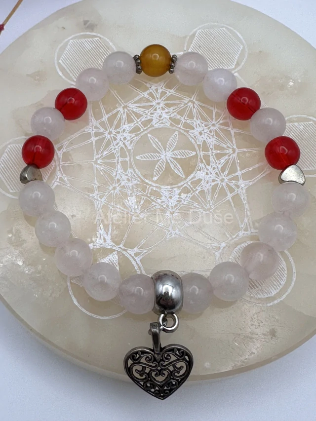 Náramek růženín, jadeit, jantar