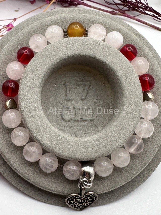 Náramek růženín, jadeit, jantar
